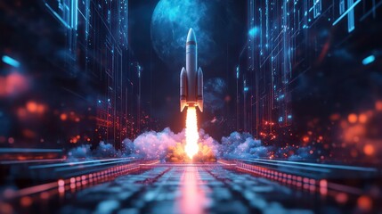 Wall Mural - futuristic digital concept of a holographic rocket launch.