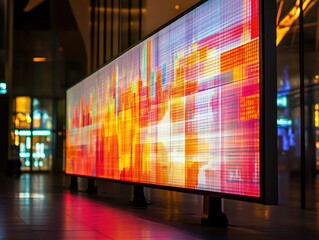 Illuminated Display Screen Showcasing Colorful Abstract Art in Urban Setting