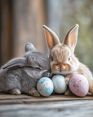 Wall Mural - cute easter bunnies with colorful eggs on wooden table