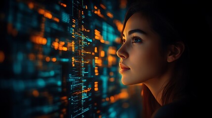 Woman gazing at glowing digital code display