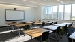 © Grapy Media - Modern classroom with empty desks and chairs.