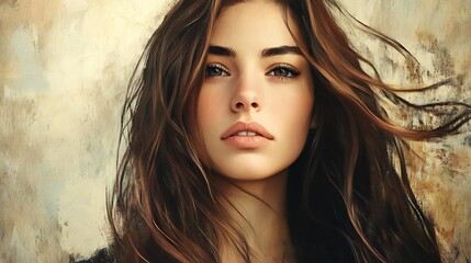 Wall Mural - Close-up portrait of a young woman with long brown hair, windblown, against a textured background.