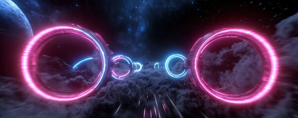 Wall Mural - Futuristic Neon Circles in Cosmic Cloudy Space Environment