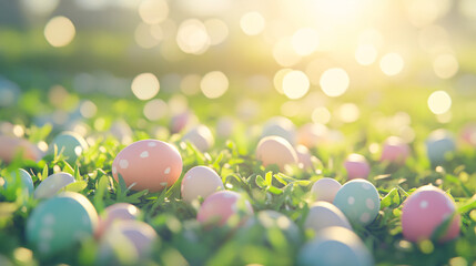 Wall Mural - easter eggs in grassy field with sunbeams