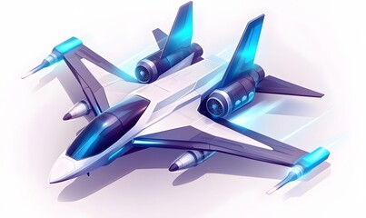 Futuristic jet aircraft flying, white and blue, digital art, game asset