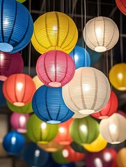 Sticker - Colorful paper lanterns illuminated, hanging from ceiling.