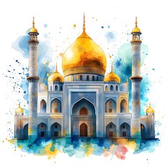 Beautiful Mosque Illustration, Watercolor Painting Graphic Design.