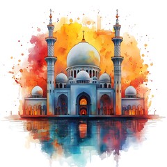 Beautiful Mosque Illustration, Watercolor Painting Graphic Design.