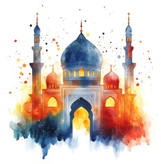 Beautiful Mosque Illustration, Watercolor Painting Graphic Design.