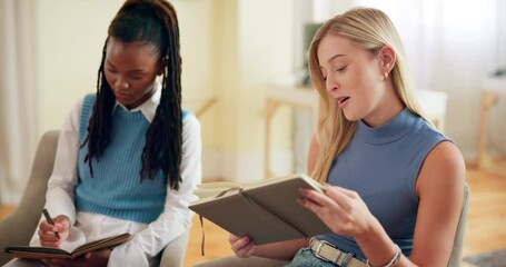 Poster - Talking, students and book for course notes at college, education and collaboration on project. Women, assistance and together for learning english literature, teamwork and journal for planning