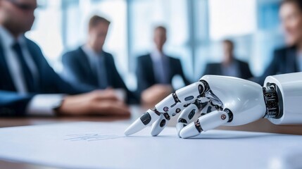 Leinwandbilder - A robotic hand reaches for a document at a corporate meeting, highlighting the intersection of technology and business in a professional setting.