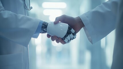Poster - A robot and a human shake hands in a medical environment, symbolizing collaboration between technology and healthcare.