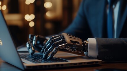 Leinwandbilder - A robotic hand types on a laptop, showcasing the intersection of technology and human-like capabilities in a sophisticated setting.