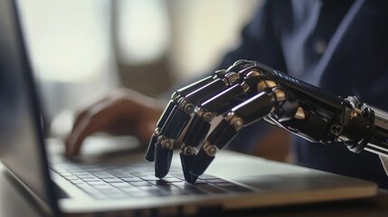 Leinwandbilder - A robotic hand is typing on a laptop, showcasing the intersection of technology and human interaction in a modern workspace.