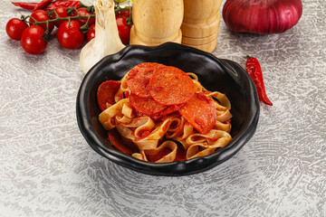 Wall Mural - Italian pasta pappardelle with chorizo