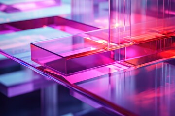 Wall Mural - abstract image of pink and purple glass blocks illuminated with vibrant neon lighting, creating a mo