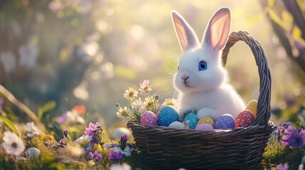 Wall Mural - white easter bunny with colorful eggs in basket spring flowers