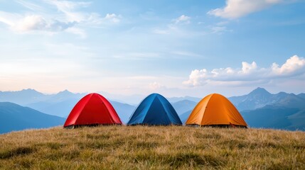 Poster - Colorful Tents Set Against Scenic Mountain Landscape at Dusk