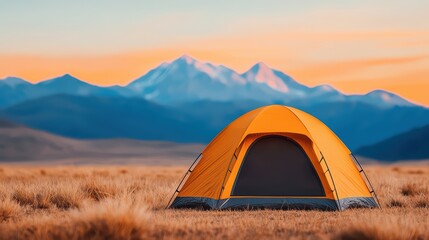 Poster - Bright Yellow Tent Set Against Majestic Mountain Landscape at Dusk