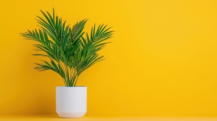 Wall Mural - Lush Green Tropical Plant in White Pot Against Vibrant Yellow Background