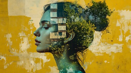 Wall Mural - Double exposure portrait of a serene woman with superimposed cityscape and nature, against a yellow textured wall.