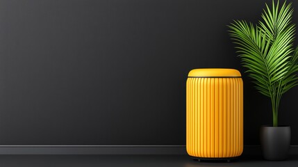 Poster - Modern Yellow Trash Bin and Green Plant Against Dark Wall Background