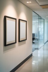 Modern office hallway featuring two empty framed posters on white wall, glass partitions, and contemporary workspace. Ideal for wall art mockup. Template available.