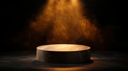 Wall Mural - Circular wooden stage with dramatic lighting and smoke effects