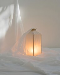 Wall Mural - Softly illuminated lantern draped in white fabric, creating a serene atmosphere in a minimalist setting