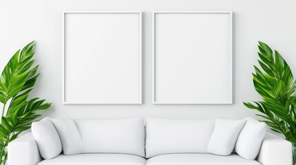 Wall Mural - Modern Minimalist Living Room with White Couch and Empty Frames