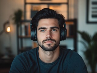 Young caucasian male listening with headphones in cozy room setting