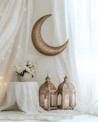 Wall Mural - Elegant interior decor featuring a crescent moon, lanterns, and floral arrangement in a serene setting