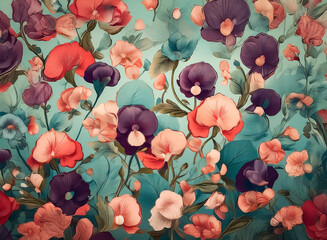 A vivid floral display with a multitude of blossoms in shades of pink, purple, and red, set against a teal backdrop. A decorative and organic botanical design.