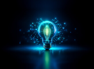 Wall Mural - Illuminated lightbulb glows blue in the dark.  Connected points of light suggest innovation and ideas.  Bright and conceptual design.