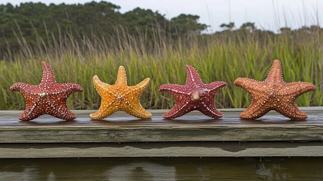 Four starfish on dock, marsh background, coastal decor