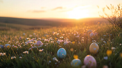 Wall Mural - easter eggs hidden in spring field at sunset