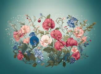 Wall Mural - a lush floral arrangement showcases pink, red, and blue blooms with green leaves against a teal back
