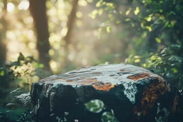 Wall Mural - Sunlit forest scene with a mossy tree stump in the foreground, creating a serene and peaceful atmosphere.