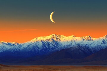 Canvas Print - Majestic snow-capped mountains at sunset, illuminated by a crescent moon in the serene sky.