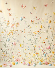 Wall Mural - pastel easter eggs and butterflies on floral background