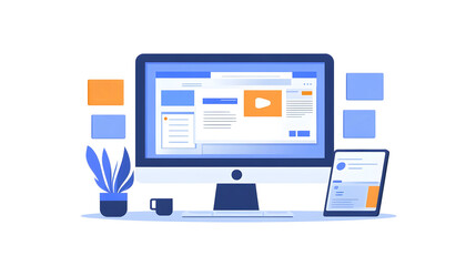 Contemporary Digital Workplace with Laptop Computer Monitor Display and Various Accessories on Office Desk