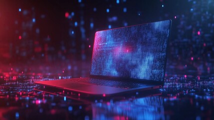 3D rendering of a laptop with a data and code flow background. Abstract technology digital hologram wave concept on a dark blue abstract background. 