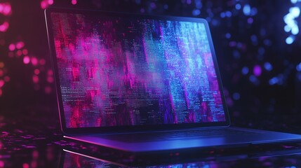 3D rendering of a laptop with a data flow and code background, a holographic, futuristic technology concept design.