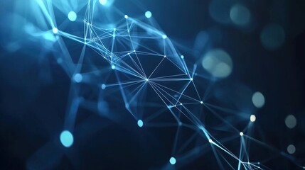 Abstract digital background with glowing data connections and code elements on a dark blue background, a futuristic network technology concept. 