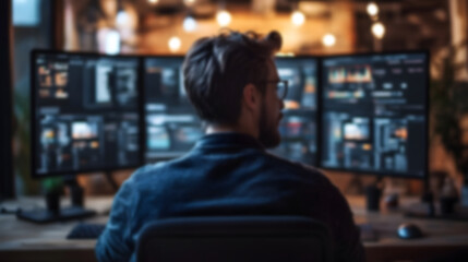 Poster - Blurry Focused Software Engineer Reviewing Code and Analytics on Multiple Computer Monitors in a Modern Home Office Workspace