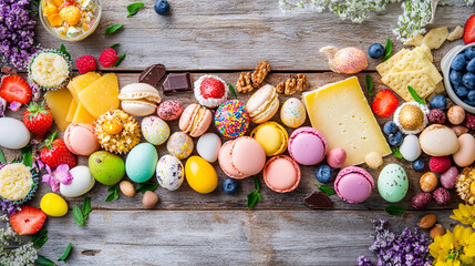 Wall Mural - easter spring festive food tabletop photo shoot with macarons and cheese