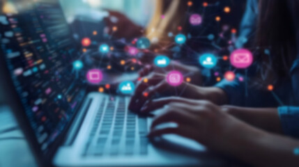 Leinwandbilder - Blurry Innovative digital technology workspace with laptop hands typing on keyboard and various digital icons and elements symbolizing data software coding and technological progress