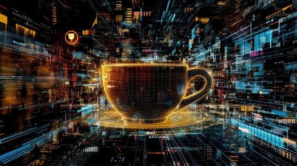 digital coffee cup, cityscape background