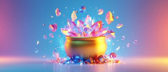 Wall Mural - 3d illustration of a glimmering crystal pot surrounded by beautiful colorful crystals and sparkling 