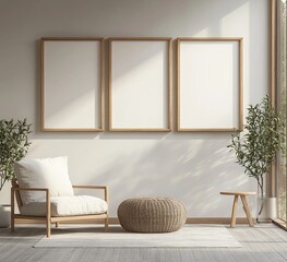 Poster - Sunlit room, three frames, armchair, mockup, design, interior, minimalist, home, decor, relax